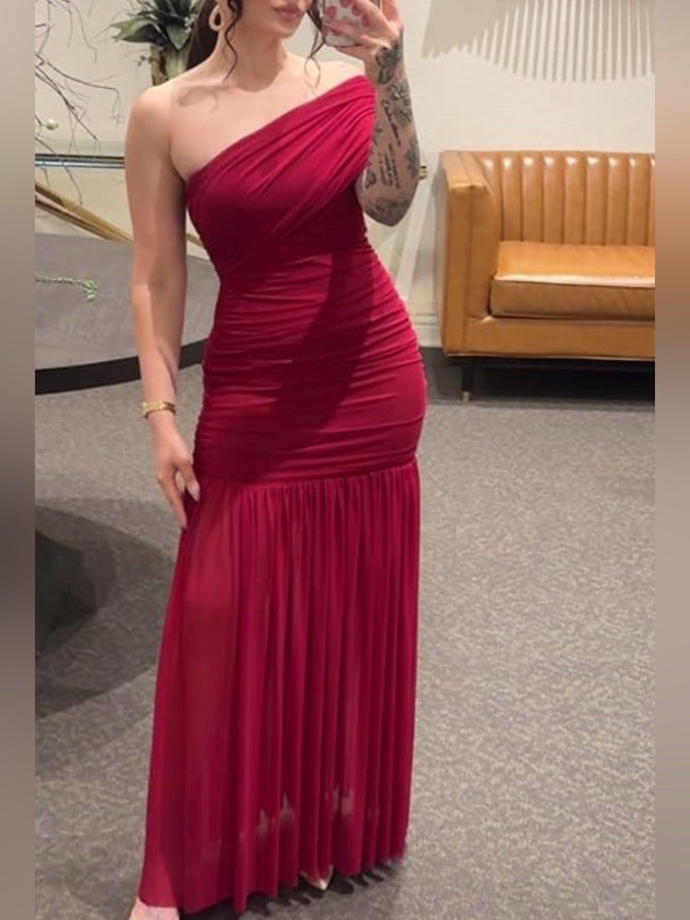 Red One-Shoulder Ruched Evening Dress - Picture 2 of 2